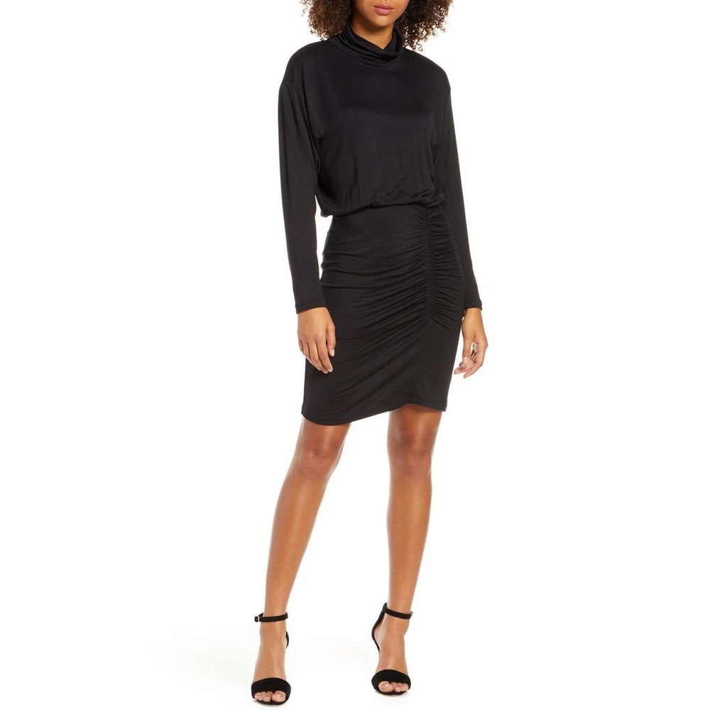Fraiche by J Women's Small Ruched Turtleneck Long Sleeve Dress Black - Sz S
